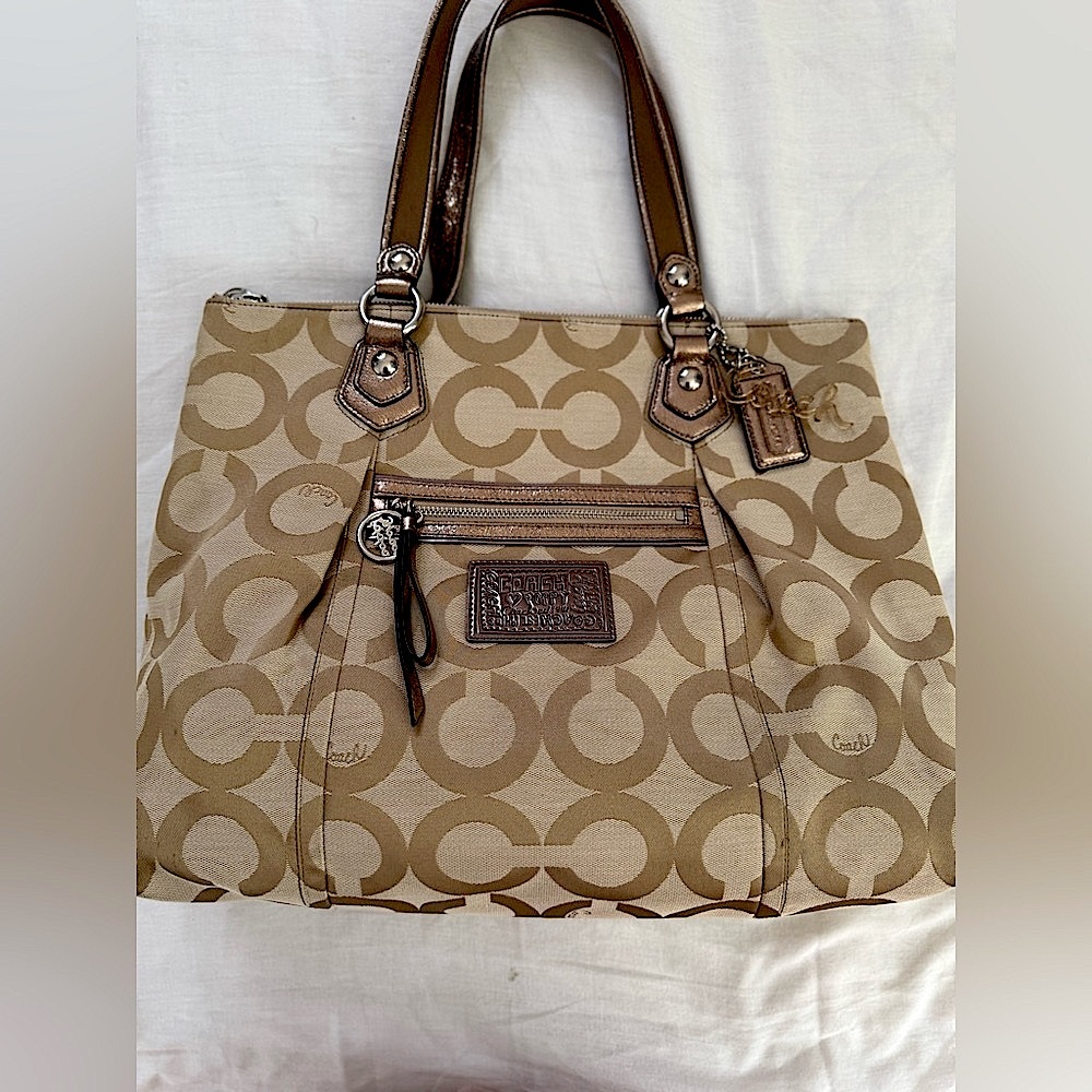 COACH Poppy gold Metallic Glam gem keychain Tote Shoulder Bag Purse